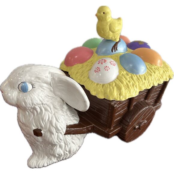 Vintage Mole Ceramic Easter Bunny Pulling Wagon of Eggs Candy Dish Table Decor - Picture 2 of 7
